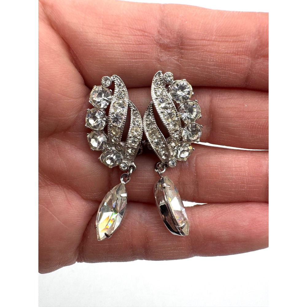 Eisenberg Ice Vintage Rhinestone Clip On Earrings Silver Tone Dangle 2"